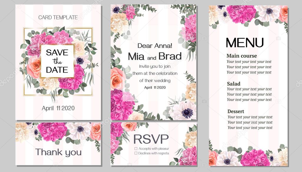 Floral polygonal golden frame. Pink and beige peonies, white anemones, pink roses, hydrangea, eubcalyptus, green plants and leaves.  Invitation card, thanks, rsvp, menu.