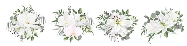 Floral vector conjunto de flores. Lirios blancos, orquídeas, bayas, eucaliptos, plantas verdes y hojas. Elementos para el diseño de bodas . — Vector de stock