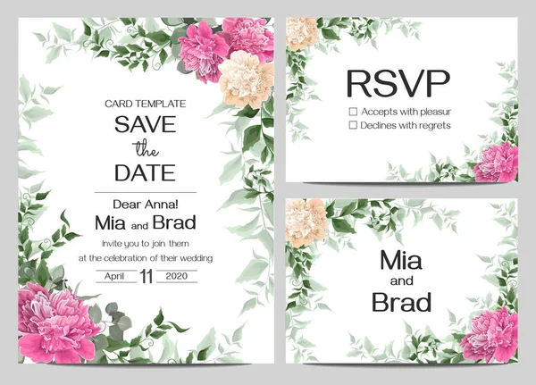 Vektorvorlage für Hochzeitseinladung. Beige und rosa Pfingstrosen, Eukalyptus, Beeren, grüne Blätter und Pflanzen. Name card und rsvp card. — Stockvektor