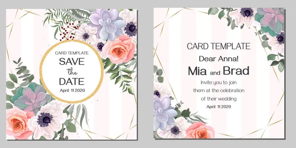 Elegante design floreale per il tuo invito al matrimonio. Rose rosa, anemoni bianchi, succulente, eucalipto, piante e foglie. Modello per cartolina . — Vettoriale Stock