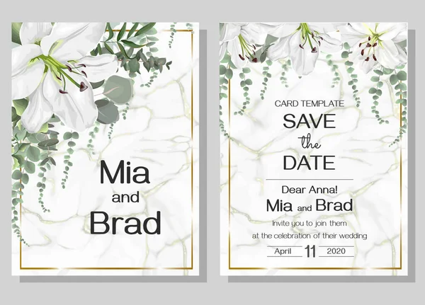 Carte florale pour les invitations de mariage. Lys blancs, eucalyptus, cadre doré, fond de marbre avec or . — Image vectorielle