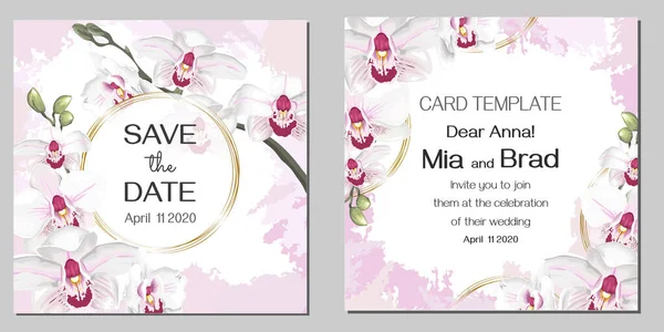Květinový design svatební pozvánky. Vektorová ilustrace královských orchidejí, zlatý kulatý rám, růžové odstíny. Svatební šablona pro váš text. — Stockový vektor