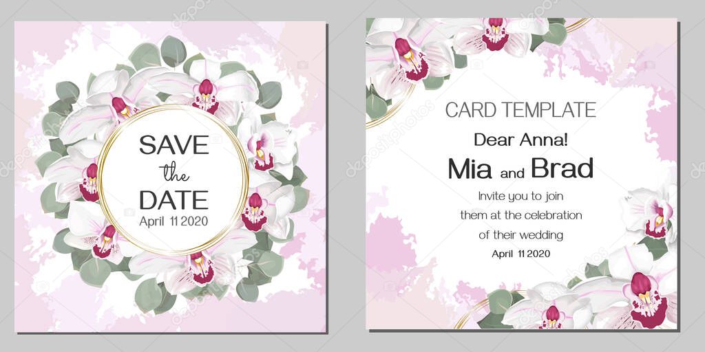 Floral wedding design for your text. Royal orchids, eucalyptus, golden round frame. Elegant template for a wedding invitation.