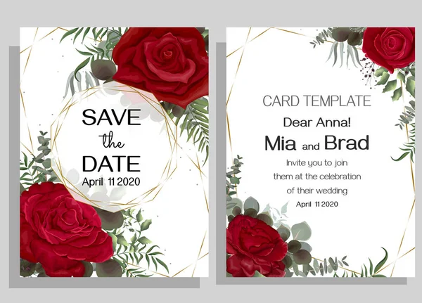 Design floral élégant pour votre invitation de mariage. Roses rouges, eucalyptus, cadre polygonal doré. Modèle de carte de vœux . — Image vectorielle