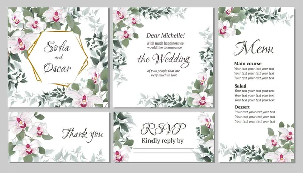 Vector floral template για προσκλήσεις γάμου. Ροζ βασιλικές ορχιδέες λουλούδια, πολυγωνικό χρυσό πλαίσιο, πράσινα φυτά, φύλλα. Όλα τα στοιχεία είναι απομονωμένα. Κάρτα πρόσκλησης, ευχαριστώ, rsvp, μενού. — Διανυσματικό Αρχείο