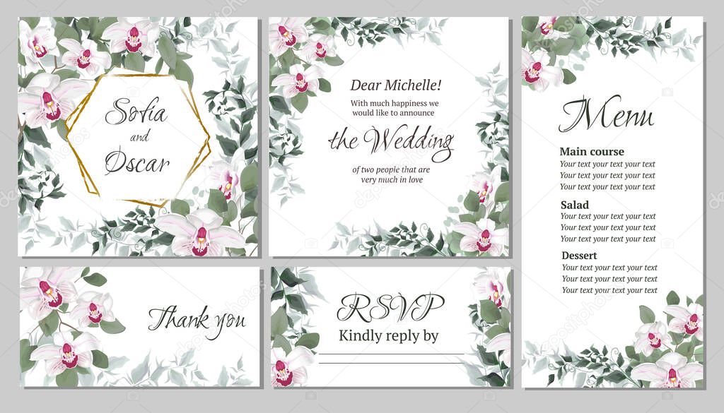 Vector floral template for wedding invitations. Pink royal orchids flowers, polygonal gold frame, green plants, leaves. All elements are isolated. Invitation card, thanks, rsvp, menu.