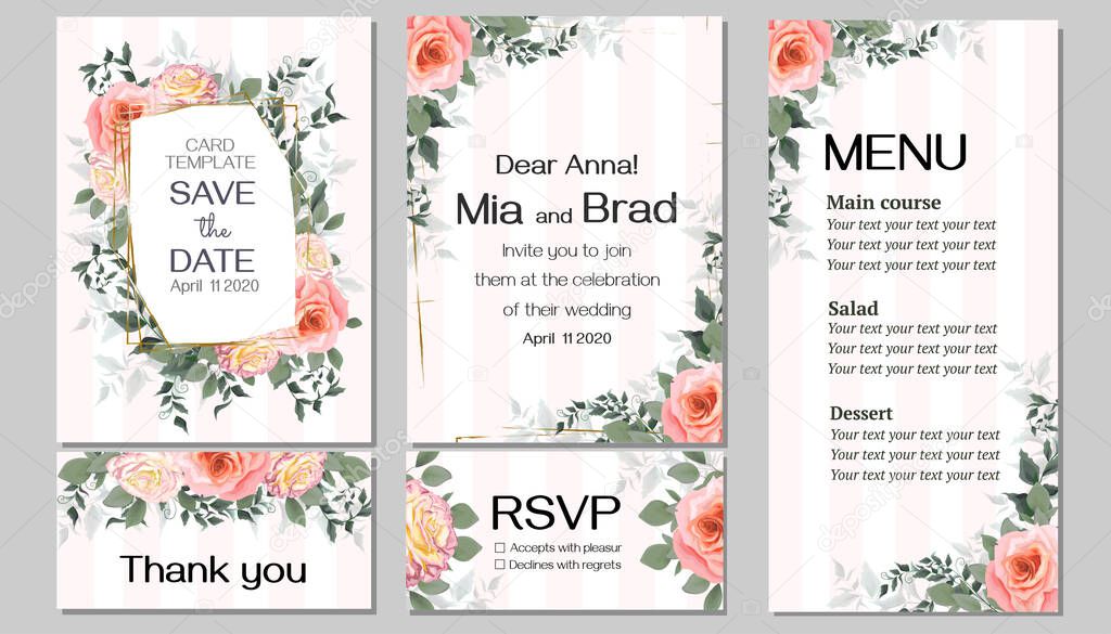 Elegant template for a wedding invitation. Floral design, pink roses, polygonal gold frame, green branches, plants and leaves. Vector postcard for your text. Invitation card, thanks, rsvp, menu.