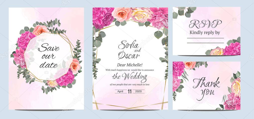 Floral polygonal golden frame. Pink peonies, roses, hydrangea, eucalyptus, green plants and leaves.  Invitation card, thanks, rsvp.