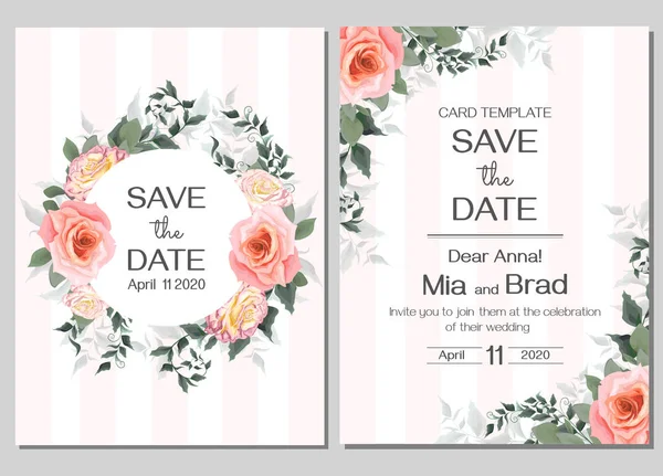 Modèle élégant pour une invitation de mariage. Conception florale, roses roses, cadre blanc, branches vertes, plantes et feuilles. Carte postale vectorielle pour votre texte . — Image vectorielle