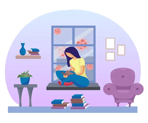 Platt vektor illustration. En flicka läser en bok, sitter på ett fönster, en epidemi på gatan. Karantän, isolering, stanna hemma. — Stock vektor