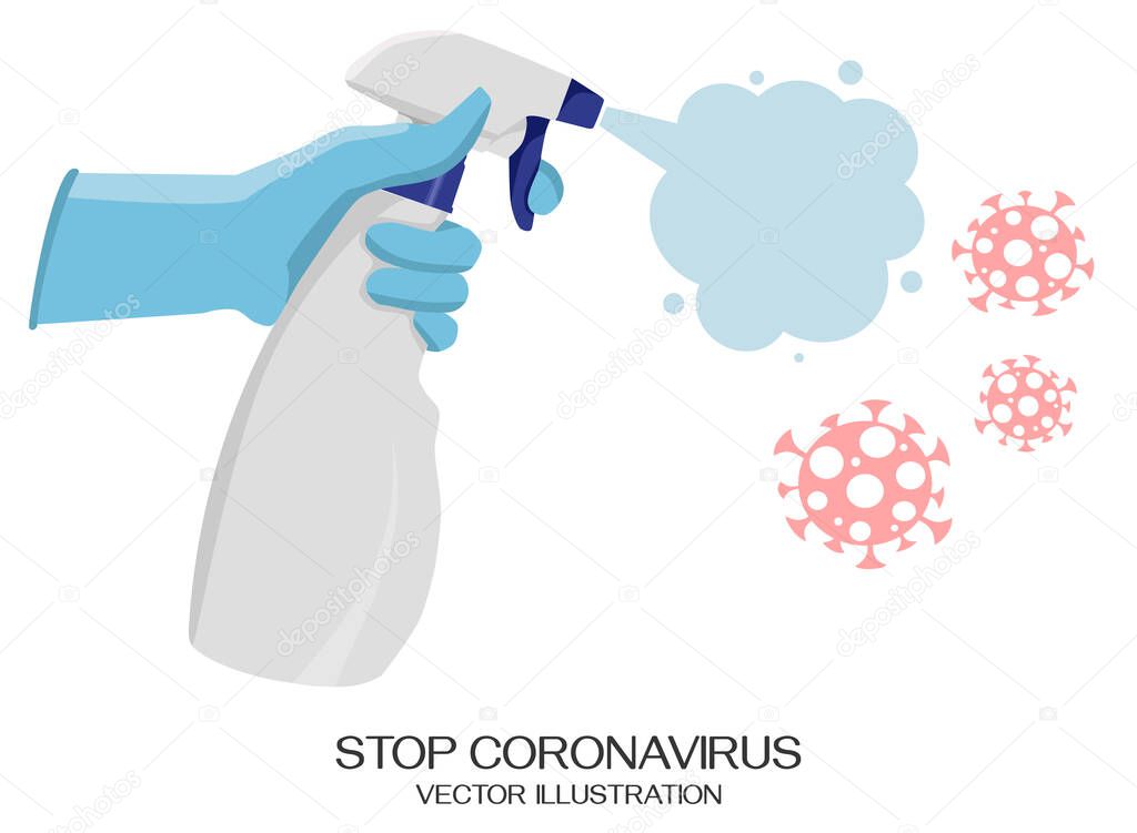 Flat vector illustration. Spray bottle with an antiseptic, a man in gloves disinfects the surface, stop the coronavirus, pandemic, virus molecules.