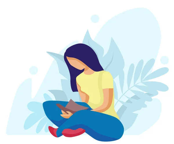 Plochá vektorová ilustrace. Dívka sedící a čtoucí knihu. Hluboké pozadí s rostlinnými listy. Zaměstnání doma. — Stockový vektor