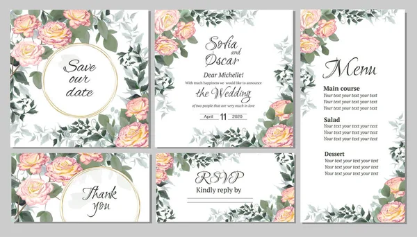 Vector floral boda invitación. Marco redondo de oro, cuentas, rosa spray, plantas y hojas verdes, eucalipto. Tarjeta de invitación, gracias, rsvp, menú . — Vector de stock