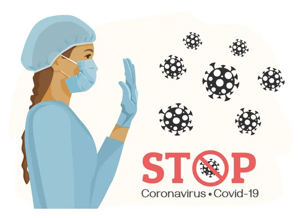 Плоский векторный рисунок. Врач защищает от коронавируса, пандемии стоп, вируса малых молекул. Медсестра в маске и перчатки . — стоковый вектор