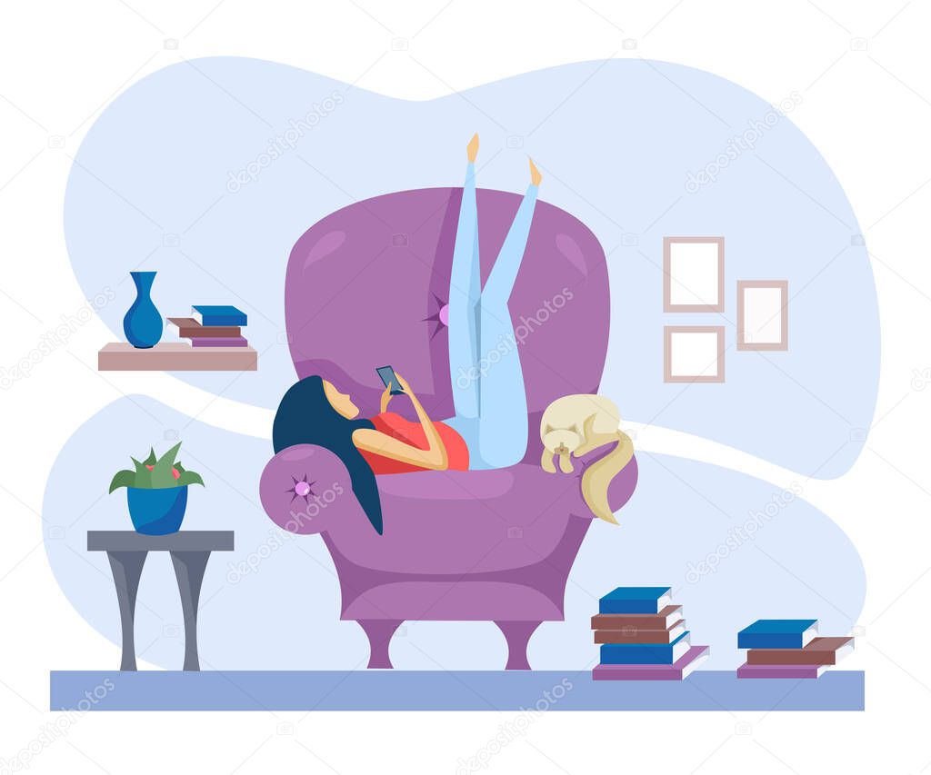 Flat vector illustration. The girl lies on a chair and deals with the phone. There are many books on the floor. Quarantine during the coronavirus pandemic, self-isolation. Stay at home.