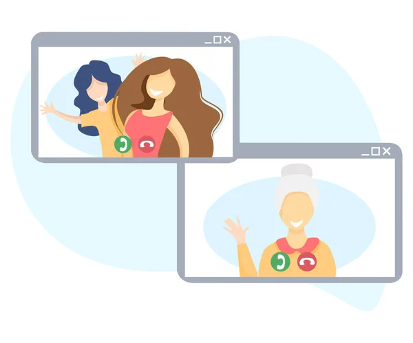 Mam en dochter praten met oma op een videogesprek. Virtuele communicatie met oudere familieleden tijdens een epidemie. Platte vectorillustratie. — Stockvector