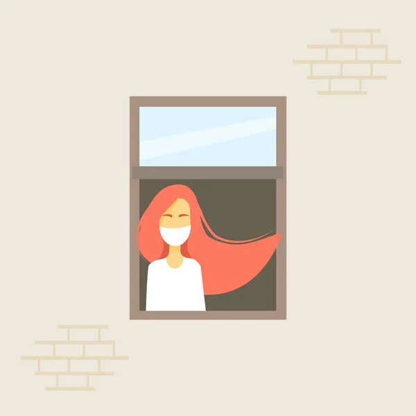 Uma rapariga está na janela com uma máscara médica, à espera do fim da quarentena. Janela do lado da rua. Ilustração vetorial plana . —  Vetores de Stock