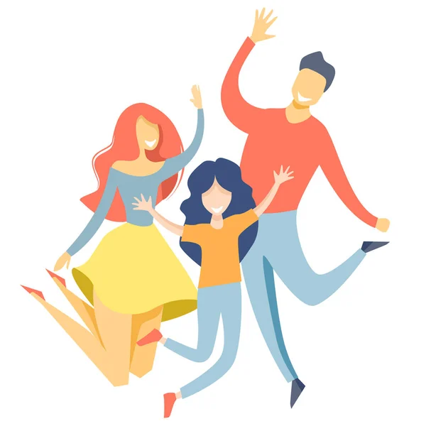 フラットベクトルイラスト。幸せな家族は喜びのためにジャンプして手を振っています。お父さんもお母さんも娘さんも幸せ. — ストックベクタ
