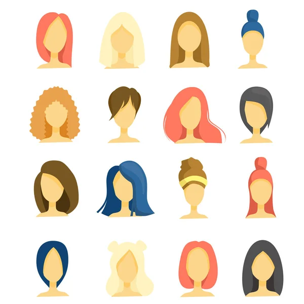 年轻姑娘漂亮的脸蛋，不同的发型，长发，短发，黑发，棕色头发的女人，金发和红头发。神像，白色背景上的图标。病媒扁平性疾病 — 图库矢量图片