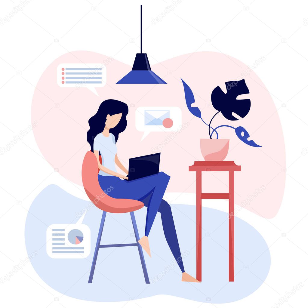 Girl works with a laptop. A woman is sitting in a chair. Remote work from home. Coronavirus pandemic. Flat vector illustration. 