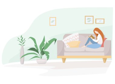 Düz vektör çizimi. Kanepede oturan kız kitap okuyor. Ev bitkileriyle dolu bir odanın içinde. Karantina, tecrit, evde kalmak..