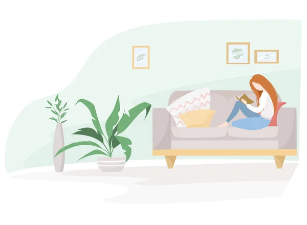 Ilustração vetorial plana. Uma rapariga sentada num sofá lê um livro. Interior de um quarto com plantas de casa. Quarentena, isolamento, ficar em casa . —  Vetores de Stock