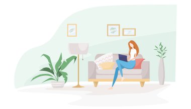 Kız evde oturuyor. Uzaktan kumandalı, serbest. Koronavirüs salgını sırasında kendini izole etme. - Odanın içi. Düz vektör illüstrasyonu.