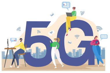 Düz vektör çizimi. Telekomünikasyon sistemlerinin internet hizmetleri. İnsanlar internette çalışır, mailleri kontrol eder, yazışır. Wifi yayını, mobil 5G sinyali.