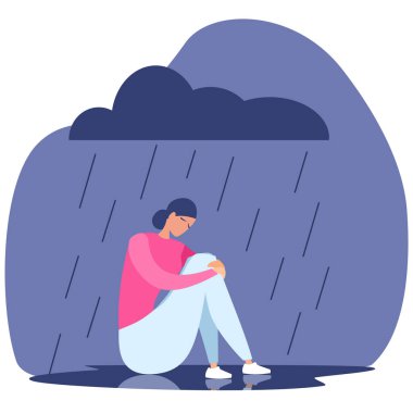Kadın depresyondan hasta. Üzgün bir kız yağmurda oturur. Acı, depresyon, psikolojik yardım. Düz vektör illüstrasyonu.