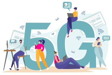 Düz vektör çizimi. Telekomünikasyon sistemlerinin internet hizmetleri. İnsanlar internette çalışır, mailleri kontrol eder, yazışır. Wifi yayını, mobil 5G sinyali.