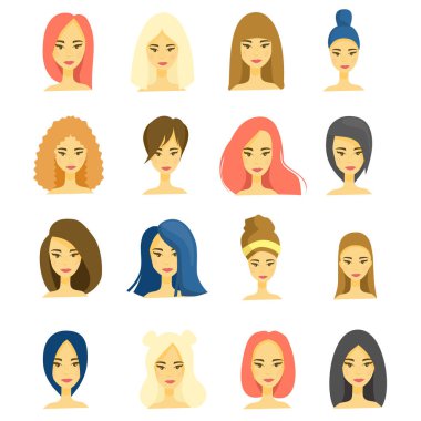 Genç kızların güzel yüzleri, farklı saç şekilleri, uzun, kısa saçlar, esmerler, kahverengi saçlı kadınlar, sarışınlar ve kızıllar. Görseller, beyaz arkaplanda izole simgeler. 