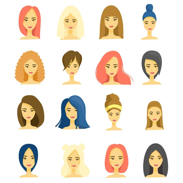 Bellissimi volti di giovani ragazze, acconciature diverse, tagli di capelli, lunghi, capelli corti, brune, donne dai capelli castani, bionde e rosse. Avatar, icone isolate su sfondo bianco . — Vettoriale Stock