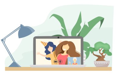 Anne ve kızı bir video görüşmesinde büyükanneleriyle konuşuyorlar. Salgın sırasında yaşlı akrabalarla sanal iletişim. Düz vektör illüstrasyonu.