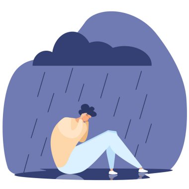 Adam depresyondan hasta. Üzgün bir adam yağmurda oturur. Acı, depresyon, psikolojik yardım. Düz vektör illüstrasyonu.