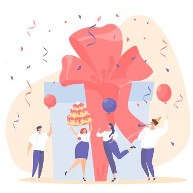 Şirket partisi. Çalışanların doğum günü. İnsanlar mutlu yıllar diliyor. Düz vektör çizimi. Pasta, toplar, krakerler, konfeti, eğlence. Birleşmiş kurumsal biçim.