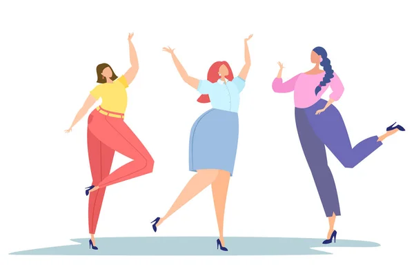 Fröhlich tanzende Frauen. Büroangestellte. Körper positiv. — Stockvektor