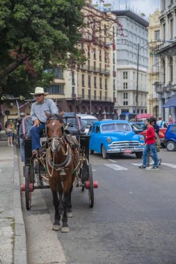Havana, Küba - 19 Ocak 2013: Havana sokakları çok eski Amerikan arabalarıyla