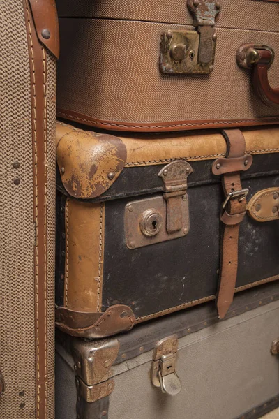 Old, retro, suitcases lie on the table with white background — ストック写真