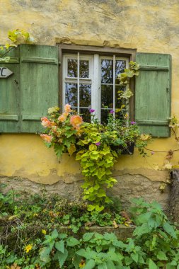 Bad Windsheim, Almanya - 16 Ekim 2019: Sonbahar çiçekli bir pencere manzarası, romantik bir sonbahar. Eski Alman köyleri.