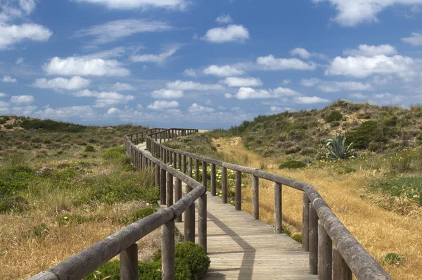 Houten wandelpad leidt tot bordeira strand, algarve, portugal — Stockfoto