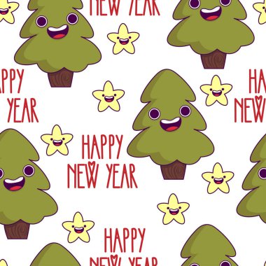 Vektörsüz desen, arka planda ladin resmi, yıldız. Tatil kartı, tatil için ambalaj kağıdı, yeni yıl 2020 ya da Noel için. Karakterlerin duyguları, maskotlar. El yazısı metin 