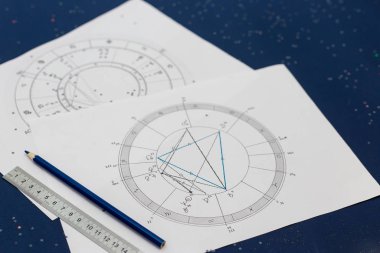 Mavi arka planda astrolojik natal çizelge