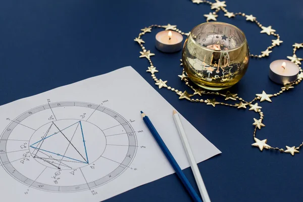 Mavi arka planda astrolojik natal çizelge