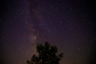 Samanyolu 'nun görünür olduğu gece gökyüzünün fotoğrafı. Fotoğraf bizi uzaya yaklaştırıyor ve galaksimizin güzelliğini gösteriyor.