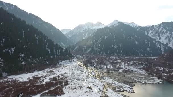 Winter frozen mountains around lake water trees — Stock Video