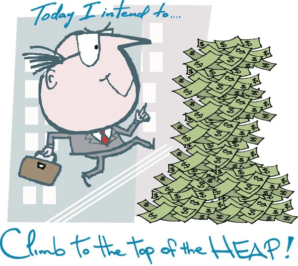Vector cartoon showing smiling business executive climbing to top of heap — Stock Vector