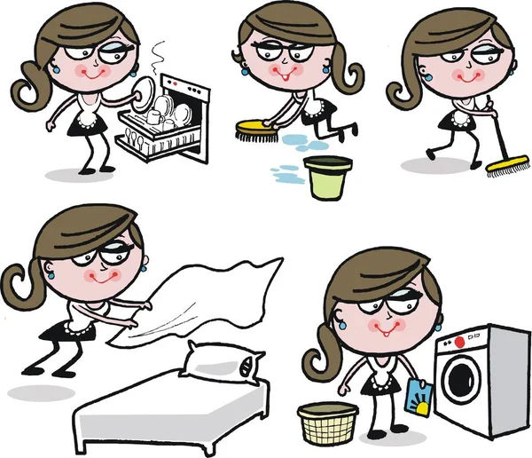 Cartoon selection of busy housewives cleaning and tidying house. — Stock Vector