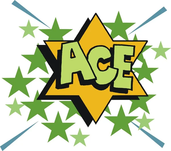 Cartoon ACE lettering pop art style against a star symbol background — Stock Vector