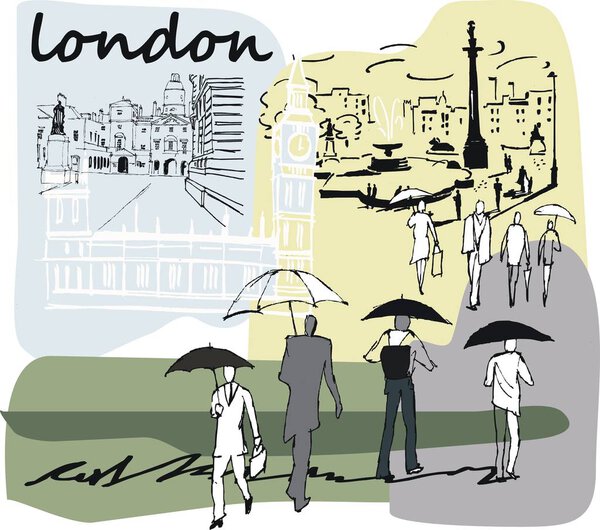 Vector abstract illustration depicting people in London England.