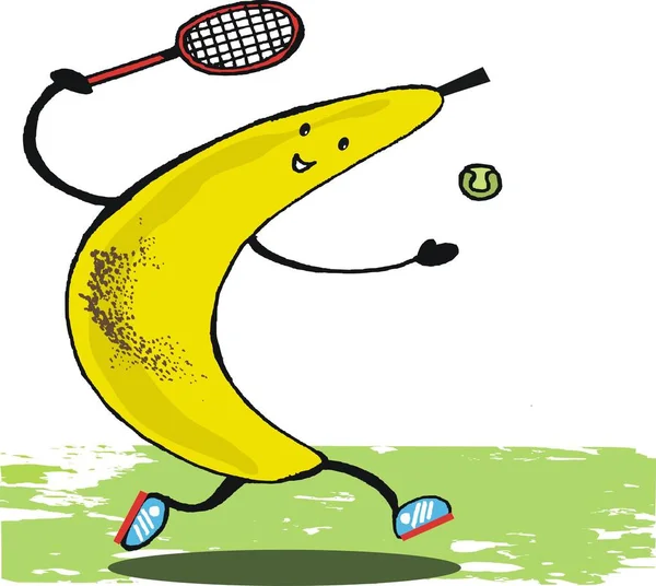 Karikatur einer großen gelben Banane, die mit Schläger und Ball Tennis spielt. — Stockvektor